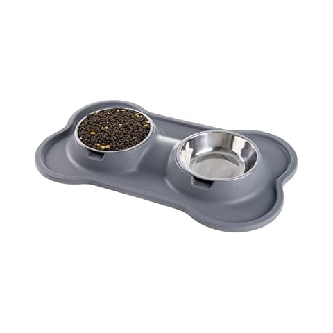 YOKA Newest Dog Bowls, Cat Bowl - Non Slip Stainless Steel Double Bowls with Non-Spill Silicone Mats Tray with Groove for Cats Dogs Puppies Food Water Feeding (M 14oz /400ml Each Bowl, Gray) Cover