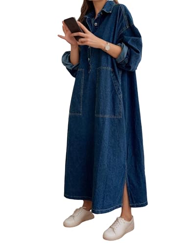 Women's Plus Size Denim Shirt Dress Long Sleeve Half Button Down Placket Side Slit Casual Maxi Dress with Pockets