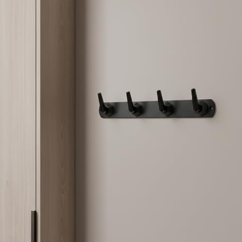 Image of Modern Design Cloth Hanger for Wall /4 Hook Dress Hanger for Door Mount /Bathroom Hooks for Hanging (Black Finish) Pack of 1-| 3 Years Warranty |