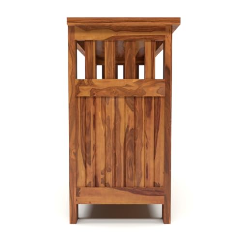 Image of Solid Sheesham Wood TV Unit Cabinet with Carved Doors | Wooden Entertainment Unit for Living Room | Multipurpose Sideboard for TV, Decor & Home Organization (Honey Finish)