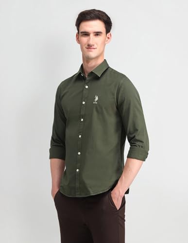 Image of U.S. Polo ASSN. Solid Slim Fit Shirts for Men - 100% Cotton, Full Sleeve Mens Casual Shirts