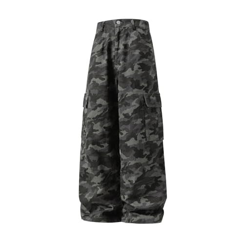 Mens Camo Cargo Pants Y2k Casual Baggy Mid Rise Wide Leg Loose Fit Camouflage Pants with Pockets Streetwear