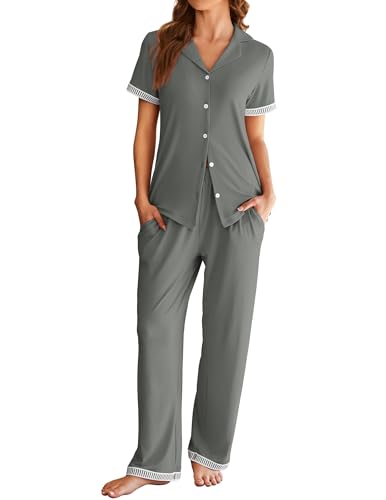 Image of Ekouaer Womens Pajama Sets Short Sleeve Button Up Pjs, Chic Contrast Trim, Long Pants with Pockets,Soft Loungewear Set S-XXL