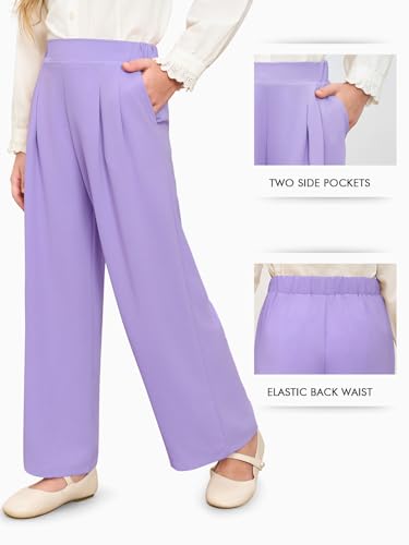 Image of Haloumoning Girls Uniform Pants Kids Wide Leg Dress Pants 5-14 Years | High Waisted, Casual Trousers, With Pockets