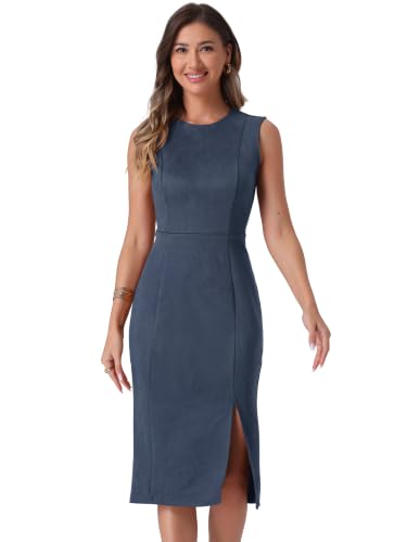 Image of Allegra K Faux Suede Dresses for Women's Sleeveless Crewneck Split Hem Work Office Sheath Dress