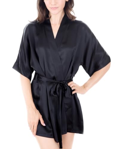 OSCAR ROSSA Women's Silk Sleepwear 100% Mulberry Silk Short Kimono Collar Robe, Solid Black, M