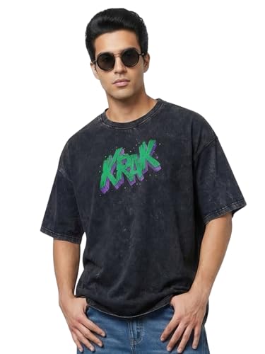 Image of Veirdo Heavy GSM Pure Cotton Men's Graphic Print Oversized Fit Half Sleeve Round Neck Cotton Acid Wash Print T-Shirt in Different Colors with Sizes ranging from S to 2XL.