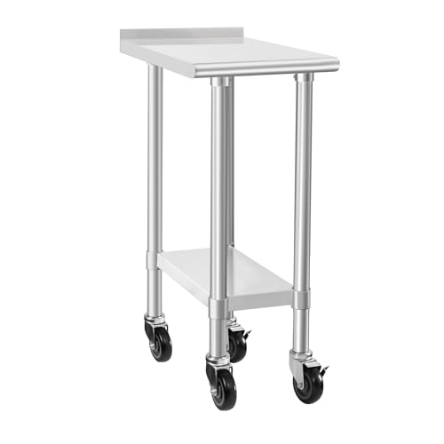 Image of HARDURA Stainless Steel Commercial Work Table with Wheels Prep & Work Metal Table 24x15 Inches Heavy Duty NSF with Casters and 2 inch Backsplash