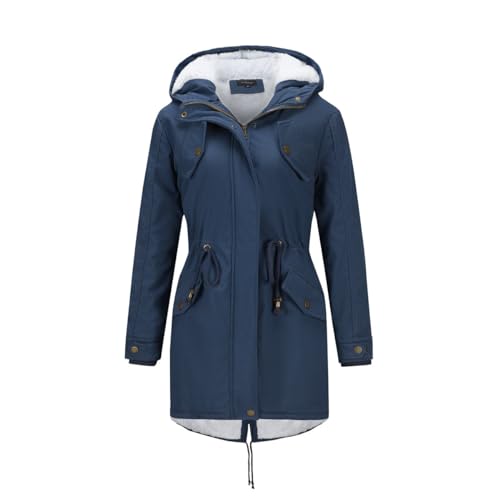 YYNUDA Wintermantel Damen Warm Gefüttert Winter Parka Mittellang Winterjacke Winterparka mit Fellkapuze Dicke Coat Große Größen #337 Blau XL