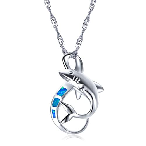 Collier requin femelle pour femme bijoux boho opale feu bleu blanc argenté