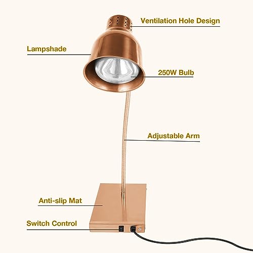 Restlrious Food Heat Lamp with 250w Bulb, Commercial Golden Stainless Steel Food Warmer Lamp with Single Head & Flexible Arm, Electric Portable Infrared Heating Lamp for Buffet, Restaurant, Parties