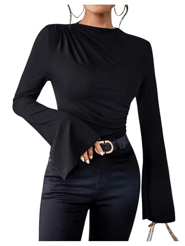 SweatyRocks Women's Ruched Mock Neck Long Ruffle Sleeve Stretch Solid Basic Tee Shirts Tops4