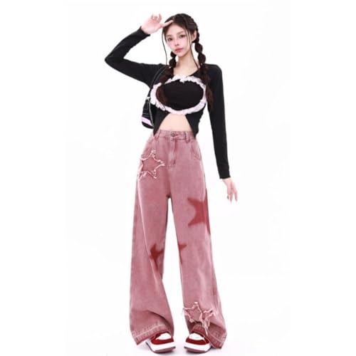 Women's Star Jeans Y2K Pants- Vintage Blue High Waist Baggy Wide Leg Denim Pants, Retro Streetwear Trousers - No Accessory2