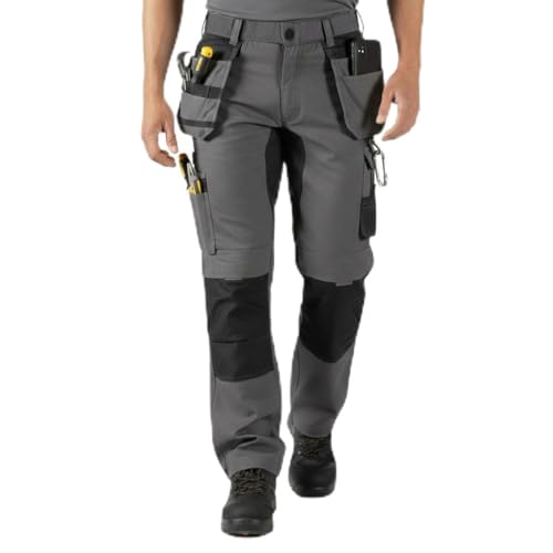 Unbreakable Mens Stretch Work Trousers - Multi-Pocket Trade Pants 4-Way Stretch Panels Twin Holster Pockets Reinforced External Top Loading Knee Pad Pockets Reinforced Hem Durable Grey