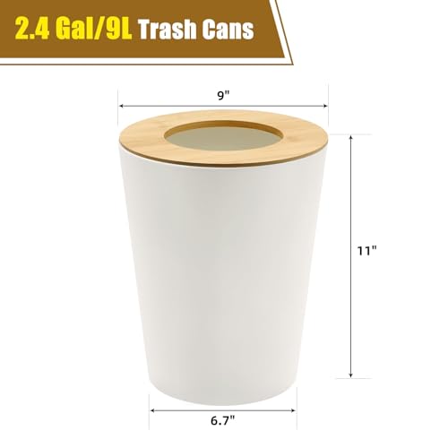 Image of White Trash Can for Bedroom with Bamboo Lid, 2.4 Gallon Open Top Trash Can 3 Pack, Modern Aesthetic Garbage Can for Room Office Living Room, Small Bathroom Trash Bin Boho Style