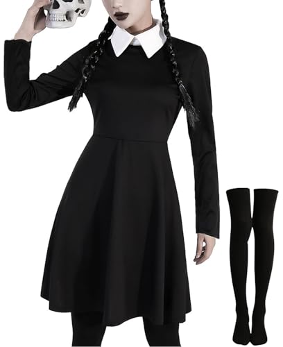 Miulruma Disfraz de miércoles para mujer, vestido gótico negro, disfraz de miércoles, disfraz para adultos, disfraz de carnaval, disfraz de Addams Cosplay con medias para carnaval Halloween A006XL