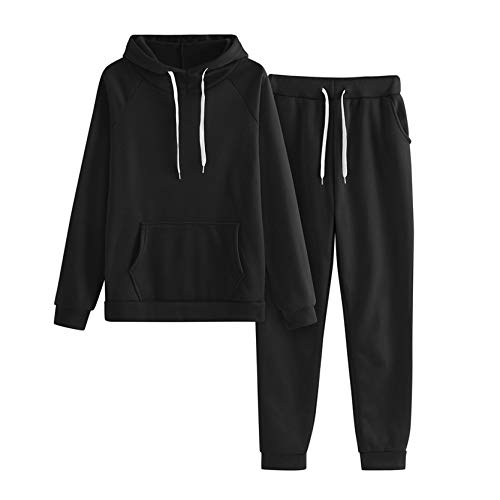 Women Solid Casual Pullover Hoodie Sweatpants 2 Piece Sport Jumpsuits Outfits Set (Black, M)