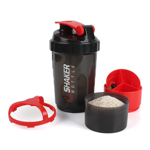 XTKS Shaker Bottle,16oz Protein Shaker Bottles with Mixing Ball, 3 in 1 Leak-proof GYM Shake Cup with Powder Storage & Pill Tray, Ideal for Workout,BPA Free（Red）