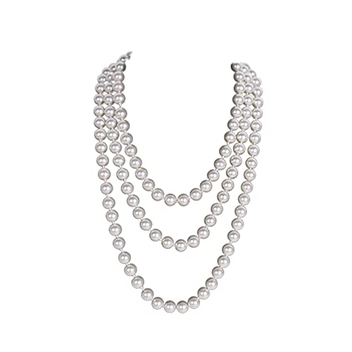 1920s Pearls Necklace Long Fake Pearl Necklaces Retro Vintage Imitation Pearls Layered Necklace Pearl Strand Costume Jewelry for Women-Cream White
