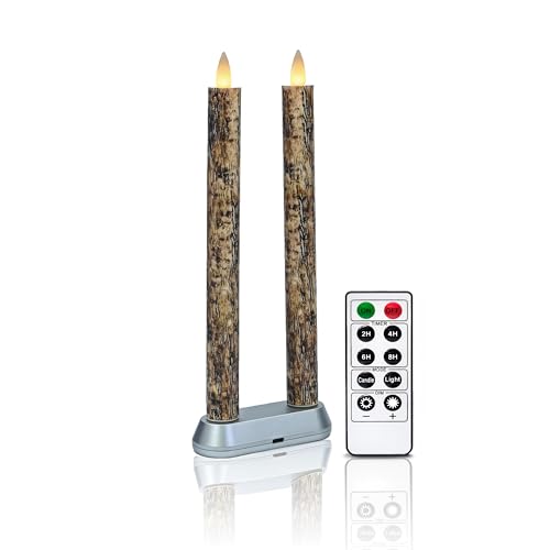 Image of Rechargeable Flameless Taper Candle with Remote Timer, 3D Moving Flame Real Wax Candles (Includes Remote Control, Charging Base, and USB Cable) (Rech-2Taper-Bark, 9in)