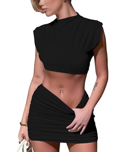 Skirt Sets Women 2 Piece Outfits - Sexy Two Pc Cap Sleeve Tank Crop Top Bodycon Ruched Mini Skirts