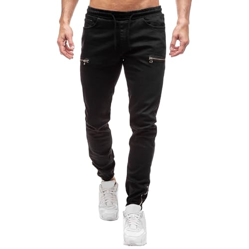 Elastic Waist Jeans for Men Slim Fit Stretch Drawstring Denim Pants with Zipper Ankle Design
