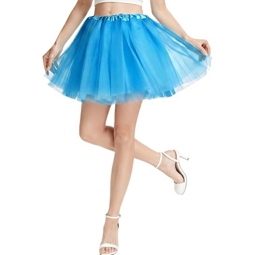 PLULON Blue Tutu for Women Adults 5 Layers Neon Short Tutus Skirt Puffy Elastic Tulle Dance Ballet Bubble Skirts Halloween Costume 80s Outfit for Girls Teens Bachelorette Party Fancy Dress