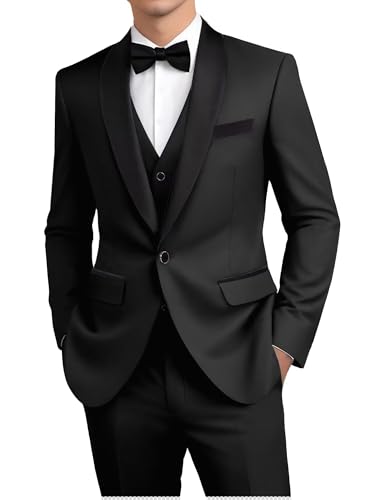 Mens Suit 3 Piece Formal Shawl Lapel Tuxedo for Men Wedding Suits One Button Jacket Vest Pants Set