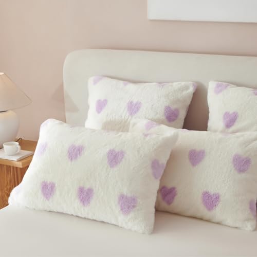 Sacebeleu Kissenbezug 40x80cm 2er Set Plüsch Biber Flanell Flauschig Lila Weiß Herzen Zierkissenbezug Kissenhülle Doppelpack Winter… – Ansicht 4