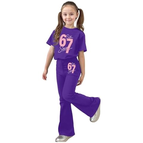 Girl's Tracksuit- 2 Piece Outfits 6-7 Meme Sport Loose Sets Short Sleeve Sweatshirts and Elastic Waist Sweatpants Sportswear for Spring Fall Sport Running Walking Purple Cover
