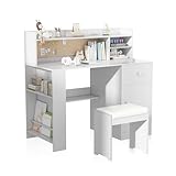 JMMD Kids Study Desk and Chair, Big Kids Desk and Chair Sets with Hutch and Storage Cabinet, Wooden Children Study Table for Kids 6-12, Student Writing Desk with Drawers for Bedroom, Homeschool