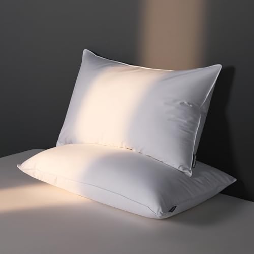 DOWNSTORIA Goose Feather Down Pillow Standard Size Set of 2, Hotel Collection Bed Pillows for Sleeping, 2 Pack, Down Surrounded Soft Medium Firm Pillows for Side Back Sleepers 20 x 26 in.