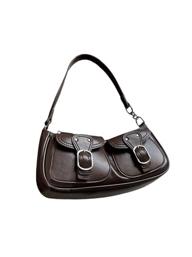 Women's Vintage Double Pockets PU Leather Shoulder Bag Zipper Underarm Bags Y2K Clutch Purses