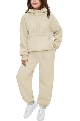 Image of Arshiner Girls 2 Piece Outfits Sweatsuit Half Zip Sweatshirt and Sweatpants | Fall Winter, Drop Shoulder Long Sleeve, Thumbhole Hoodies, with Sweatpant, Jogger Set, Sweat Set, Tracksuits with Pockets