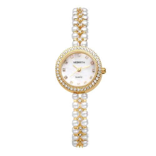 Imagen de JewelryWe Reloj Correa Perlas Mujer: Reloj de Cuarzo Analógico Redondo con Diamantes de Imitación Correa de Aleación Extraíble Resistente al Agua Oro para Ocio Negocios Regalos