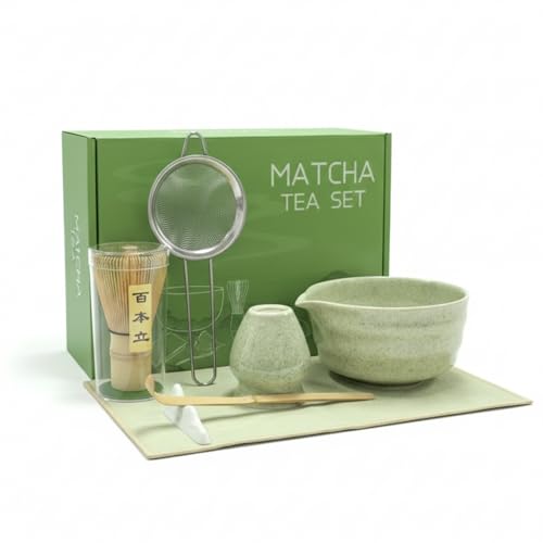 7-Pcs Matcha Tea Set Ceramic Matcha Bowl with Spout Bamboo matcha Whisk Whisk Holder Bamboo Scoops Stainless Steel Sifter Tea Cloth & Spoon Traditional Japanese Matcha Kit Gift for Matcha Lovers
