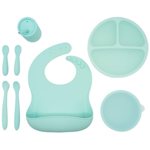Image of WeeSprout Baby Led Weaning Bundle, Silicone Suction Bowl, Spoons, Bib & Cup, Develops Self Feeding Skills, Dishwasher Safe (Mint)
