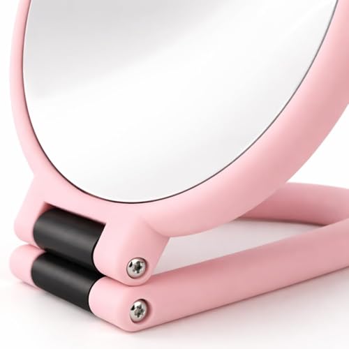 Image of Plastic 1x 15x Magnifying Handheld Square Hand Mirror, Travel Folding Hand Held Mirror, Double Sided Pedestal Magnification and True Image Makeup Mirror for Women with Adjustable Handle, Pink