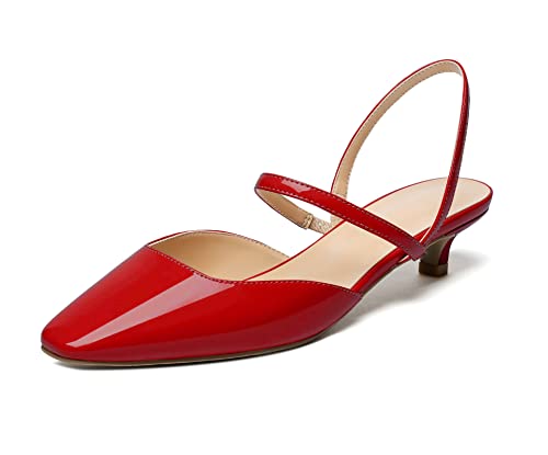 SAMMITOP Women's Slingback Low Heel Pumps 1.5 Inch Square Toe Two-Strap Mary Jane Patent Leather Kitten Dress Shoes Red US12