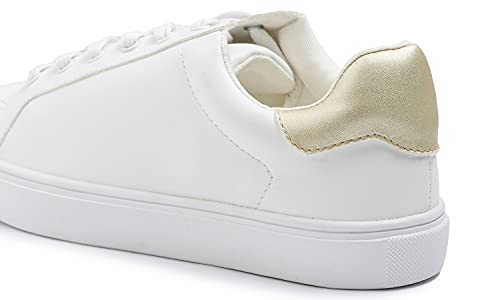 FEVERSOLE Women's Featured PU Leather Colorful Lace Up Sneaker White Gold Patch Size 8 M US3