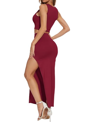 Image of ELLEVEN Sexy 2 Piece Maxi Skirt Sets for Women, Going Out Outfits | High Stretch, Lightweight, Slim Fit, Sleeveless Knit Crop Tank Top, High Slit Skirt Dress Set, Summer Date Night Outfits