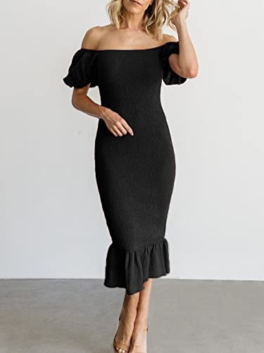 Berrygo Women's Smocked Bodycon Off Shoulder Puff Short Sleeve Mermaid Dress Ruffle Shirred Party Cocktail Pencil Midi Dress Black Xl #TOP1