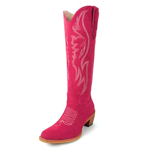Image of GORBINETI Women Cowboy Boots Mid Calf Cowgirl Western Boots Embroidered Suede Pull On Almond Toe Chunky Heel