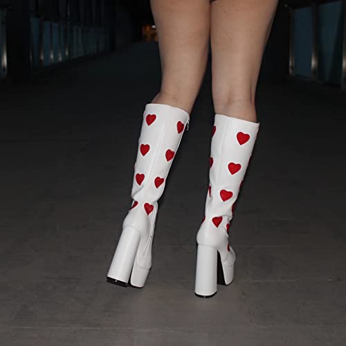 Frankie Hsu Women's Large Size Cute White Pu Leather Red Heart Spade Shape Patent Preppy Style Platform Chunky Block Heels Knee High Heeled Boots4