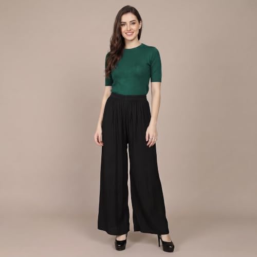 Image of FASHION GALLERY Women's Solid Rayon Palazzo Pants | Relaxed Fit Full Length Wide Leg Palazzo | Elastic Waist Comfortable Casual Lounge Office Ethnic Flared Trousers for Women