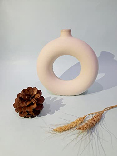 The Pottery House Donut Vase Pot Off White Ceramic Decorative Handcrafted Round Shaped for Home Decor, Center Table, Bedroom Side Corner, Living Room Decoration,and Gift, 6 Inches
