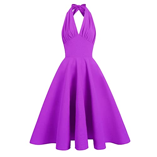 Wellwits Vestido vintage de los años 50 con lunares halter para mujer, Purple, 38-40 Cover