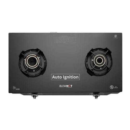 BLOWHOT 2 Tornado Brass Burner Auto Ignition Gas Stove - Toughened Glass Cook Top -ISI certified- Black Powder Coated Body...