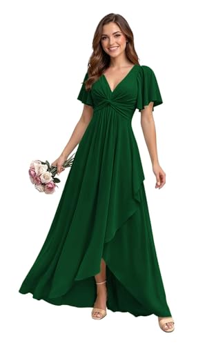 MuseBridal Chiffon Ruffle Short Sleeves Bridesmaid Dresses with Slit for