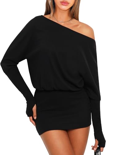 Women Off One Shoulder Going Out Mini Dress Loose Batwing Long Sleeve Hip Wrap Bodycon Casual Dresses Black